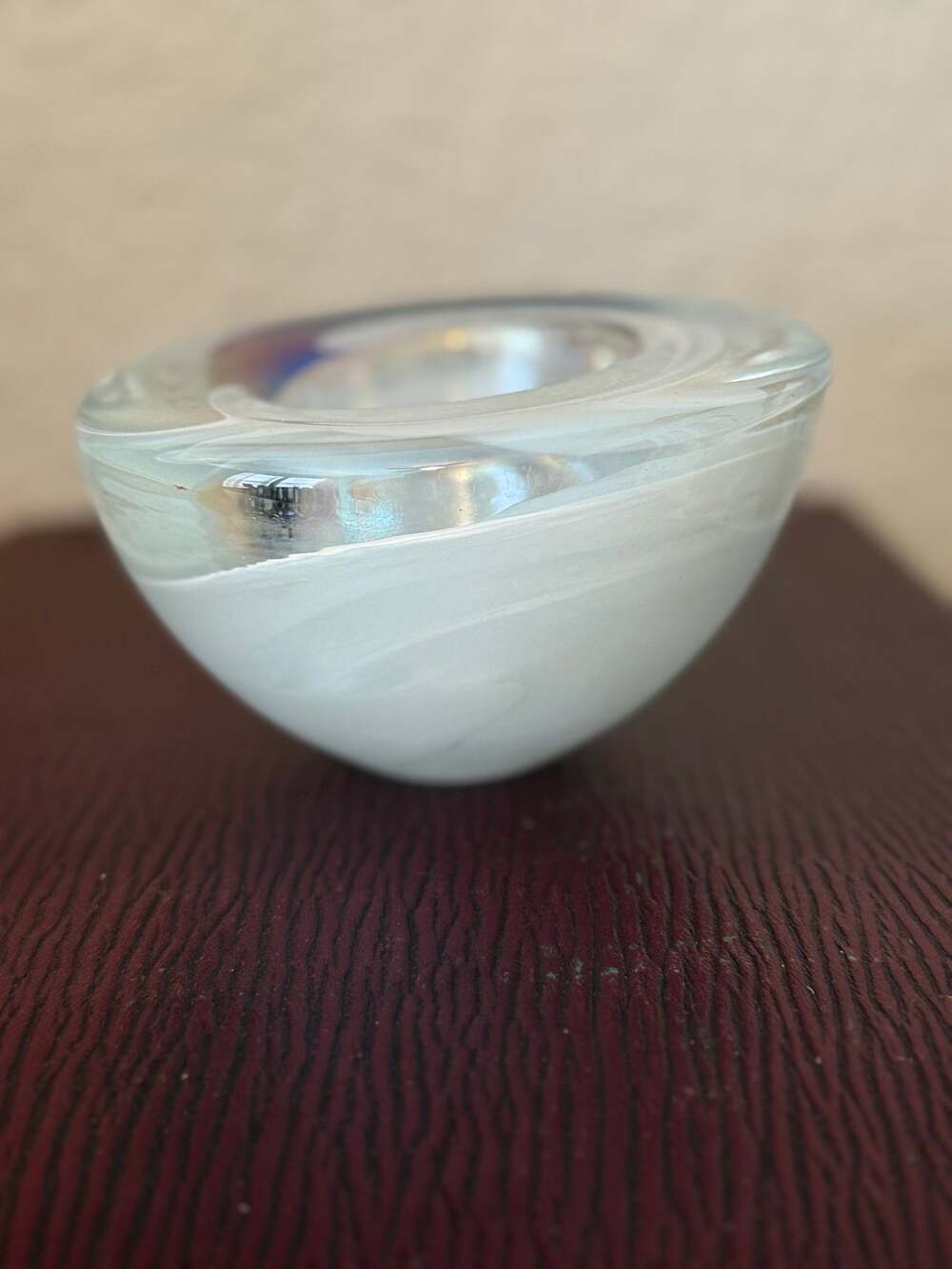 Kosta Boda Atoll Art Glass Votive Candle Holder – White Iridescent Swirl